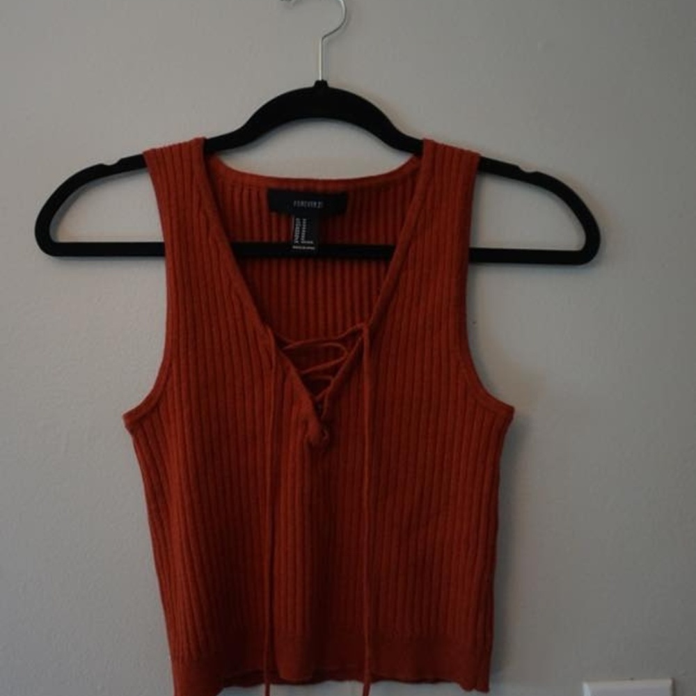 Knit Lace-Up Burnt Orange V-Neck Cropped Tank Top